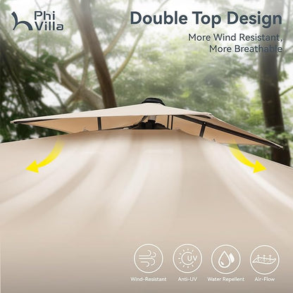 PHI VILLA 9'x 12' Large Patio Umbrella, Outdoor Aluminum Cantilever Umbrella with Double Top Rectanglar Canopy, Windproof Hydraulic Offset Umbrella for Pool, Deck, Garden, Beach, Porch, Beige