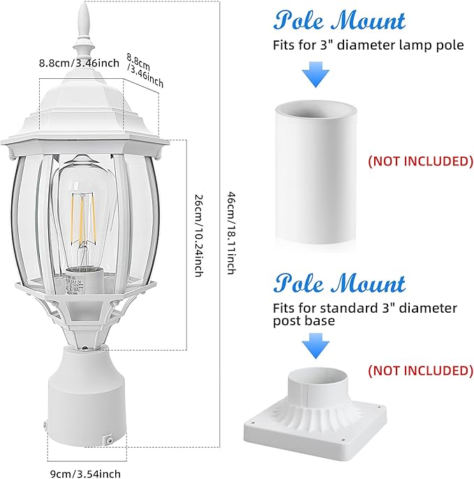 2 Pack White Outdoor Lamp Post for Patio Pathway, 17inch White Outdoor Post Light Fixture for House Pier Mount Outside Lighting Exterior Pole Lamp 17” Coach Light