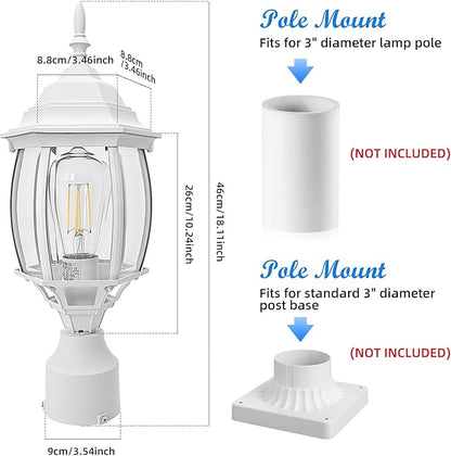 2 Pack White Outdoor Lamp Post for Patio Pathway, 17inch White Outdoor Post Light Fixture for House Pier Mount Outside Lighting Exterior Pole Lamp 17” Coach Light