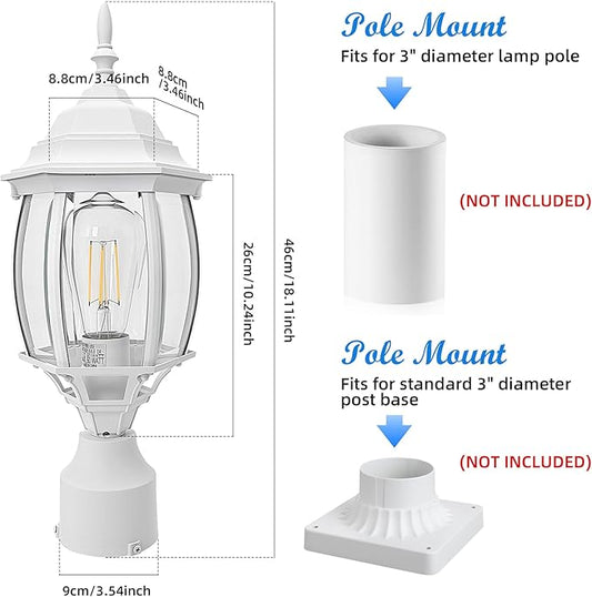 2 Pack White Outdoor Lamp Post for Patio Pathway, 17inch White Outdoor Post Light Fixture for House Pier Mount Outside Lighting Exterior Pole Lamp 17” Coach Light