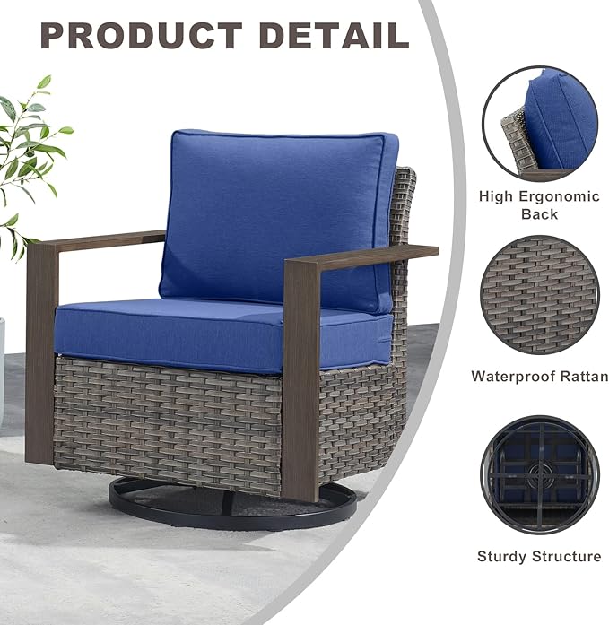 Rilyson Outdoor Patio Swivel Rocker Chairs - Wicker Rattan Patio Swivel Rocking Chairs Set of 2 with Metal Wide Armrest, Thick Cushions and Deep Seating for Deck Porch Sunroom Garden(Mixed Grey/Blue)