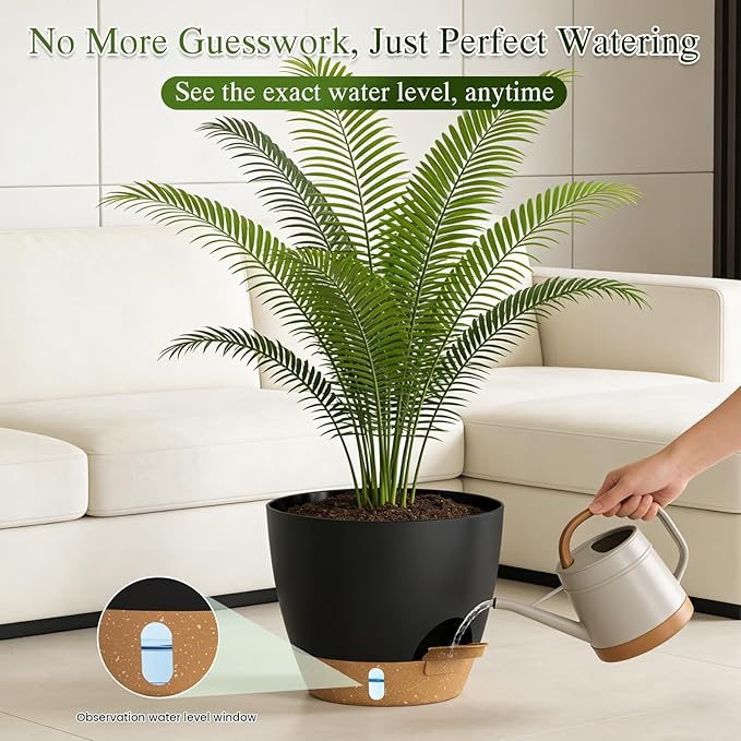 Plant Pots, 1 Pack 12 Inch Self Watering Pots with Drainage Holes, Water Level Indicator Deep Reservoir, Large Planters for Indoor Outdoor Plants - Black Brown