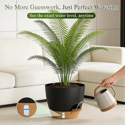 Plant Pots, 1 Pack 12 Inch Self Watering Pots with Drainage Holes, Water Level Indicator Deep Reservoir, Large Planters for Indoor Outdoor Plants - Black Brown