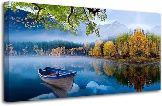 Arjun Landscape Wall Art for Living Room Lake Canvas Blue Picture Bedroom, Summer Nature Boat Artwork Modern Nature Painting Framed Large Home Office Dining Room Wall Decor 48"x24"
