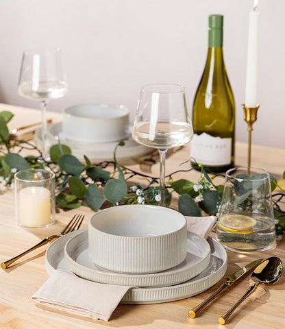TheTerra Ceramic Dinnerware Sets for 4, 12 Pieces Porcelain Lightweight Plates and Bowls Sets, Scratch Resistant Dish Set, Oven & Microwave & Dishwasher Safe,Reactive White