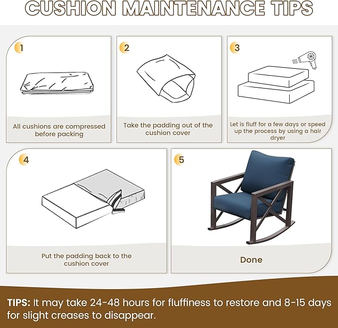 UDPATIO Rocking Chair Outdoor Set 2 with Coffee Table, 3 Piece Metal Rocking Bistro Set with 6.5" Water-Resistant Cushions, Oversized, 350lbs Heavy-Duty, for Porch, Patio, Balcony, Navy
