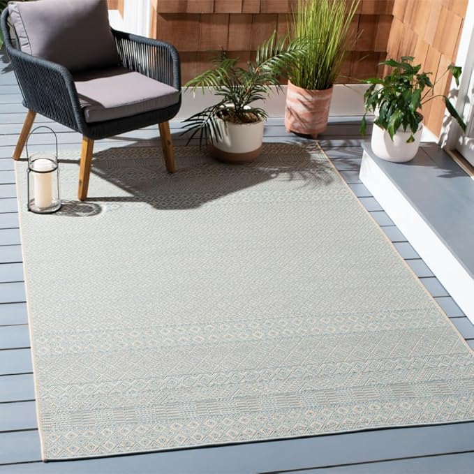 SAFAVIEH Washable Rug Outdoor Courtyard Collection - 4' x 5'7", Beige & Aqua Blue, Non-Shedding & Easy Cleaning, Ideal for Patio, Backyard, Mudroom (CY6235-21312)