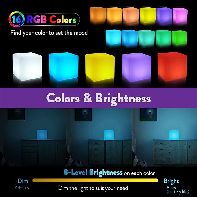 Mr.Go 6-inch LED Ball Light and 4-inch LED Cube Light Bundle, Remote Control, 16 RGB Colors 4 Modes, Dimmable, Rechargeable, Waterproof, Great as Night Light Mood Lamp Ambient Lighting Decorations