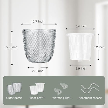 QCQHDU 2 Pack Self Watering Pots, 5.7 Inch Flower Pots with Drainage Holes and Water Filling Port, Plastic Garden Planter for Indoor Outdoor Plants (Clear)
