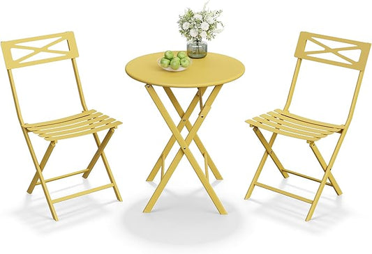 GarveeTech 3-Piece Folding Bistro Set, Heavy Duty Outdoor Patio Furniture with 2 Chairs & 1 Table, Weather-Resistant Steel Frame, No Assembly Required for Garden, Yard, Balcony,Yellow