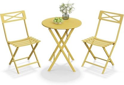 Outdoor Round Bistro Set 3 Piece, Yellow Iron Patio Furniture Set with Round Table & 2 Chairs, Foldable Steel Backyard Deck Porch Garden Furniture, Space Saving Outdoor Dining Set for Small Spaces
