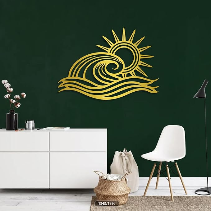 Sunrise Metal Wall Art, Sunrise Wall Decor Metal, Wave Art, Sun Wall Decoration Outdoor, Wall Decor Living Room, Bathroom (30"x21"/76x54cm, Gold)