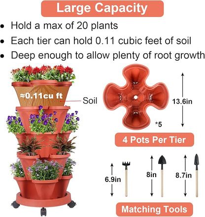 GameXcel Vertical Planter Tower - 5 Tier Stackable Garden Planters with Wheels and Tools Plant Pots for Strawberry Herb Flower and Vegetable Indoor Outdoor Use Red