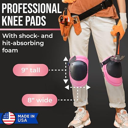 Foam Knee Pads for Women with HDPE Anti-Slip Cap, Pink and Black, 1 Pair - Adjustable Multi-Sized Fastening, Made in USA - Guards for Gardening, Flooring, or Construction