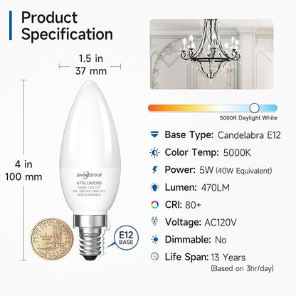SHINESTAR E12 LED Candelabra Light Bulbs 40 Watt Equivalent, 5000K Daylight White 470 Lumen Chandelier Bulb, 6W B11 Candle Small Base Ceiling Fan Light Bulbs, Non-Dimmable, Pack of 6