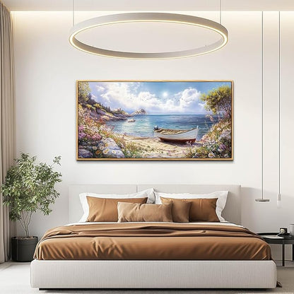 QIYILEXWART Wood Farmed Canvas Wall Art For Living Room Wall Decor For Bedroom Office Wall Decoration The Sea Boat Landscape Painting Farmhouse Pictures Artwork Room Aesthetic Home Decor 20x40 In
