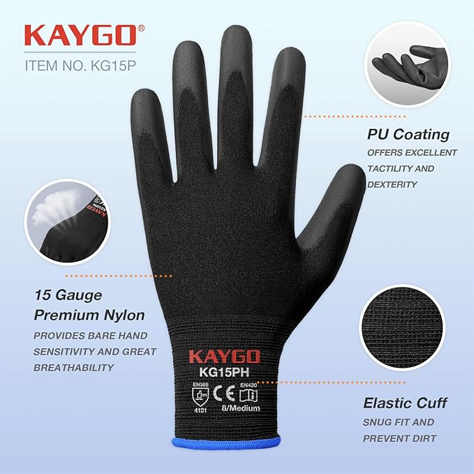 KAYGO Work Gloves PU Coated 12 Pairs, KG15P,Nylon Liner with Flexible Polyurethane Coating,Safety Work Gloves for DIY, Assembly, Warehouse, Light Duty Work (L,Black)