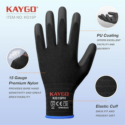 KAYGO Work Gloves PU Coated 12 Pairs, KG15P,Nylon Liner with Flexible Polyurethane Coating,Safety Work Gloves for DIY, Assembly, Warehouse, Light Duty Work (Small,Black)