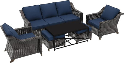6 Pieces Outdoor Conversation Furniture Set - 77" Patio Sofa, 2 Armchairs, 2 Ottomans, 1 Metal Table, Patio Wicker Couch Set with Washable Cushions for Swimming Pool (Navy Blue)