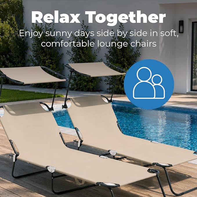 Folding Outdoor Set of 2 Lounge Chairs with Canopy - Portable & Adjustable Beach Lounge Chair - 5-Positions, Carry Handles, 600D Fabric, 220 lbs Capacity – Tanning Chaise Lounge for Beach, Patio, Lawn