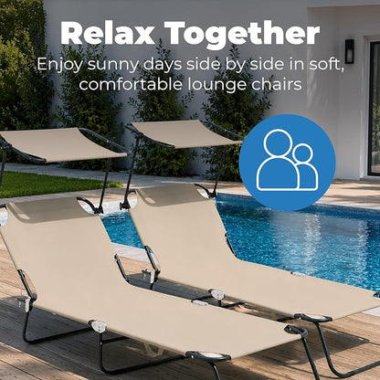 Folding Outdoor Set of 2 Lounge Chairs with Canopy - Portable & Adjustable Beach Lounge Chair - 5-Positions, Carry Handles, 600D Fabric, 220 lbs Capacity – Tanning Chaise Lounge for Beach, Patio, Lawn