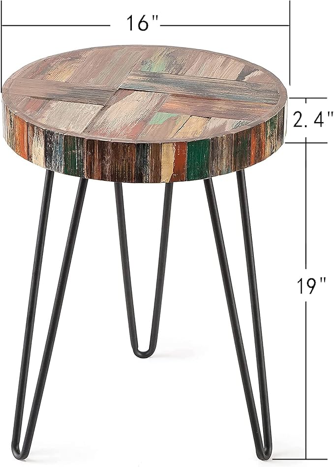 Wood Multi Color Side Table 16" x 16" x 21.5" H Farmhouse Reclaimed Wooden Coffee Tables Round Vintage Accent Rustic Plant Stand Outdoor Patio End Tables for Living Room Bedroom