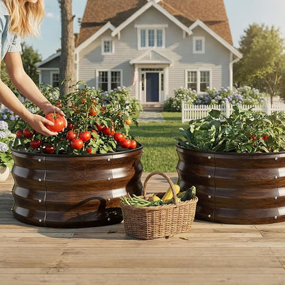 COMHOMA 2 Pack Round Raised Garden Bed 2x2x1ft,Galvanized Metal Planter Box Kit for Outdoor Gardening,Vegetable Flower Herb Growing Beds with Gloves Tools,Brown