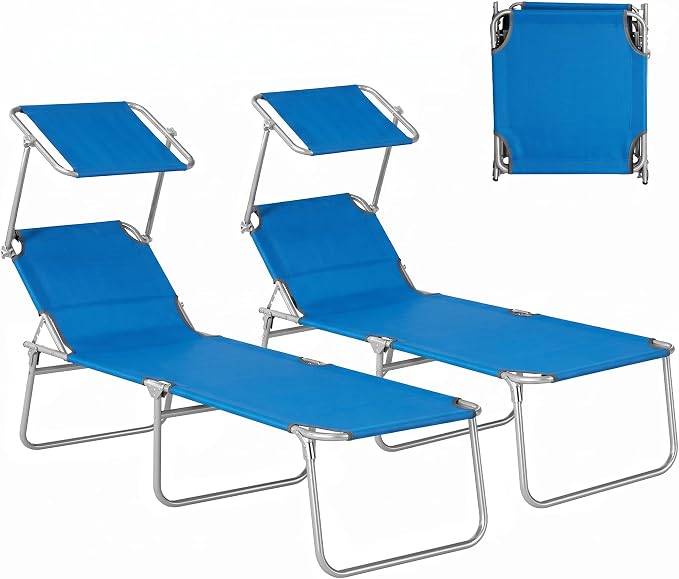 Outsunny Outdoor Lounge Chairs Set of 2, Adjustable Folding Chaise Lounges, Tanning Chairs with Sun Shade for Beach, Camping, Hiking, Backyard, Blue