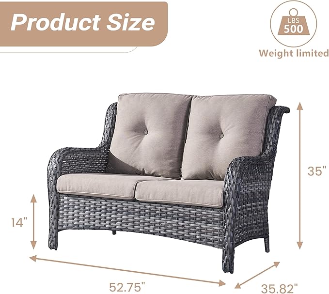HUMMUH 4 Piece Patio Conversation Furniture Set PE Wicker Rattan Outdoor Loveseat Sofa,Patio Chairs,Coffee Table for Garden,Poolside,Backyard,Deck
