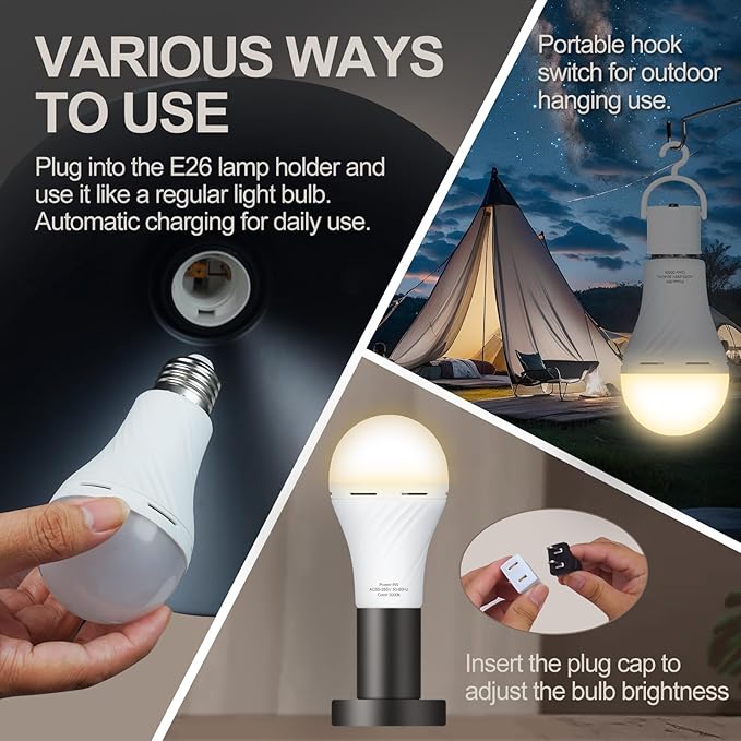 10 Packs Rechargeable Light Bulbs,Emergency Light Bulbs Socket Self-Charging, 3000K Battery Powered Light Bulb for Lamps and Wall Sconces, Up to 24 Hours Outdoor Camping, Hiking, Hurricane Use