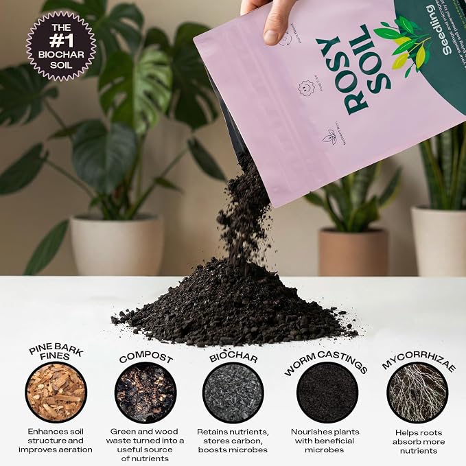 Rosy Soil Seed Starter Soil Mix - Organic Peat-Free Seedling Soil w/Worm Castings, Biochar, Mycorrhizae for Seed Germination, Microgreens, Propagation, Herbs, Vegetables, Flowers, Cuttings - 4qt