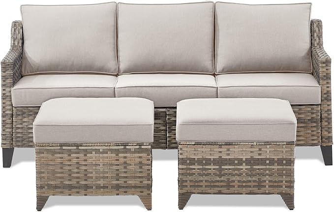 Buenhomino 3 Pieces Patio Furniture Sofa Set-Outdoor Wicker Patio Furniture Covered Couch with Multifunctional Ottoman and All-Weather Patio Conversation Set for Backyard Porch Garden Grey/Beige