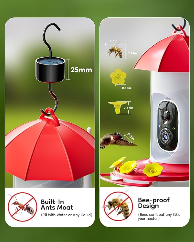 2K Hummingbird Feeder Camera Outdoor - AI Identify 10000+ Birds, Ant Bee Proof, Instant Notification - Great Gift for Bird Lovers