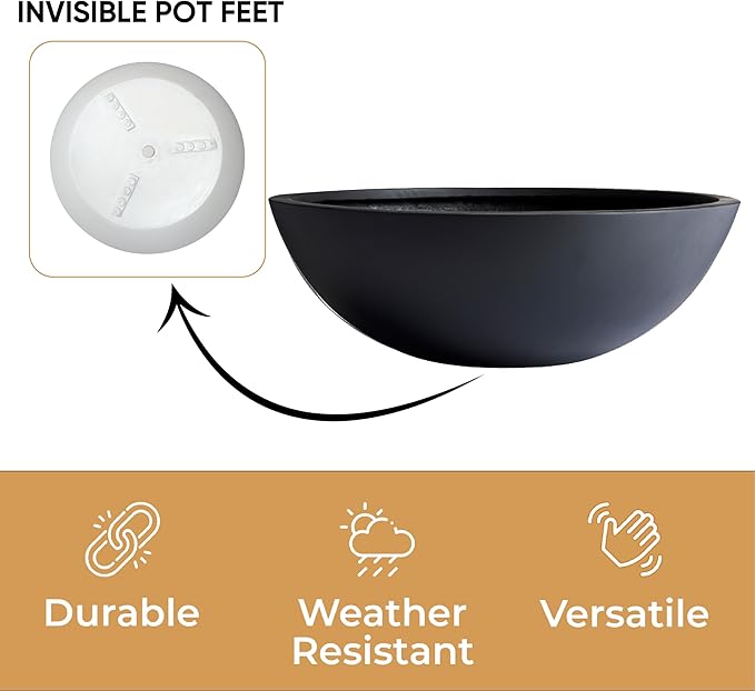 6.9"H x 19.7"D Round Bowl Fiberstone Planter for Succulent and Lotus with Drainage Hole, Smooth Finishes, Weather Resistant for Indoor, Included 2 Extra Coco Mats (Black, 17.9" Pot Opening)