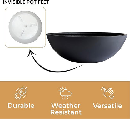 6.9"H x 19.7"D Round Bowl Fiberstone Planter for Succulent and Lotus with Drainage Hole, Smooth Finishes, Weather Resistant for Indoor, Included 2 Extra Coco Mats (Black, 17.9" Pot Opening)