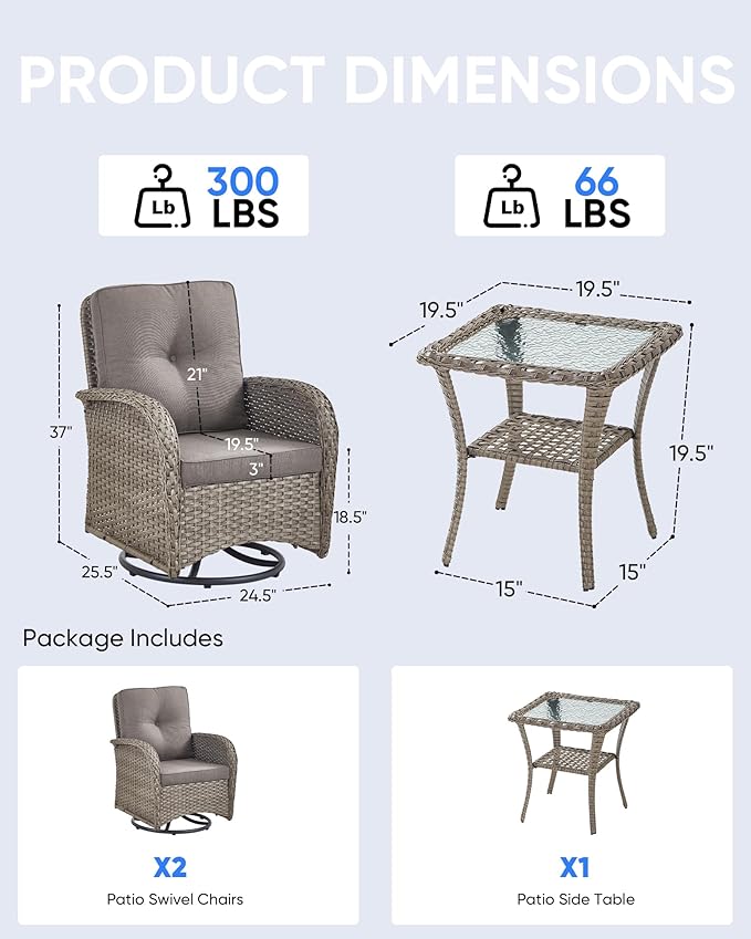 3 Pieces Patio Bistro Set Outdoor Swivel Rocker Patio Chairs with Side Table Patio Furniture for Deck Porch Garden Balcony Poolside