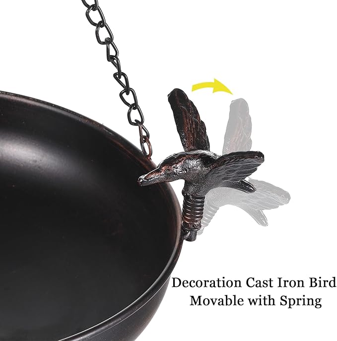 Hanging Bird Bath Feeder for Outdoor, 23" H Metal Birdbath with Cast Iron Bird Decor, Vintage Tray for Garden Yard Patio, Brown
