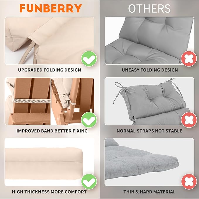 FUNBERRY Adirondack Chair Cushion, Thicken Comfy Cushions for Rocker Non Slip Fade Shield Waterproof High Back with Ties