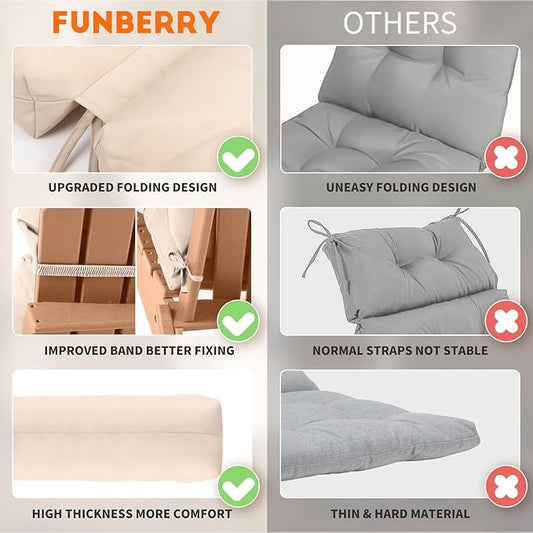 FUNBERRY Adirondack Chair Cushions Set of 2, Thicken Comfy Cushions for Rocker Non Slip Fade Shield Waterproof High Back with Ties