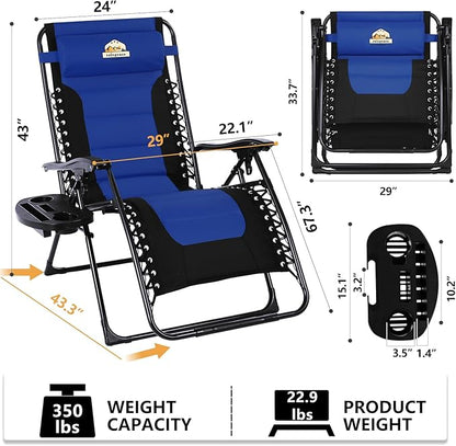 Oversized Padded Zero Gravity Lounge Chair Set of 2, Foldable Patio Anti Gravity Reclining Chairs Folding Lawn Recliner with Cup Holder for Yard, Camping, Outdoor, Support 350 LBS, Blue