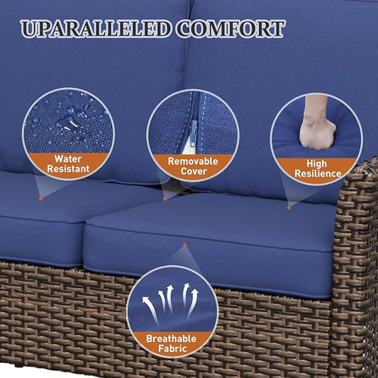 Canyon Ridge Wicker Patio Sofa with 2 Ottomans, Small Balcony Furniture, Outdoor Furniture Set, 2 Seat Loveseat, Brown/Blue