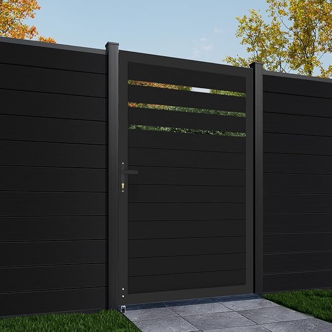 Mondaria Openwork Aluminum Privacy Fence Gate, 6ft(H) x 4ft(W) - Outdoor Decorative Fence Gate with Metal Frame & Knob Kits, Black (Without Post)