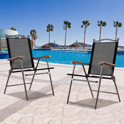 Tangkula Set of 2 Patio Folding Dining Chairs, Outdoor Sling Lawn Chairs with Armrests, Steel Frame, Portable Camping Lounge Chairs for Backyard, Deck, Poolside and Garden, No Assembly (1, Black)