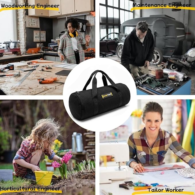 14 Inch Small Tool Bags for Men, Wide Mouth Zipper Tool Storage Bag, Large Capacity Canvas Tool Tote Bag, Multi-Function Tool bag for Storage Wrenches, Screwdrivers, Repair Tools (Black)