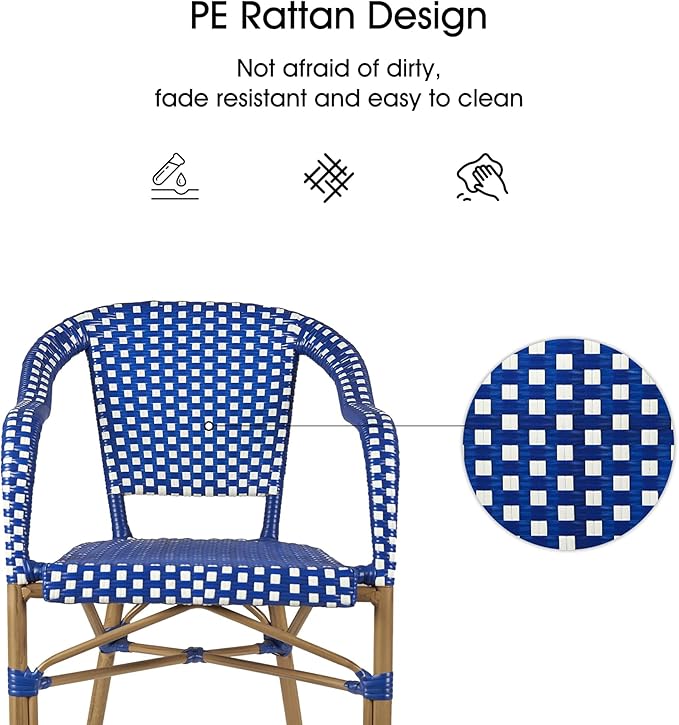 PURPLE LEAF Bistro Chairs Set of 2 French Hand-Woven Wicker Armchairs Outdoor Dining Chairs for Patio Porch Garden Indoor Bamboo Print Finish Deep Blue