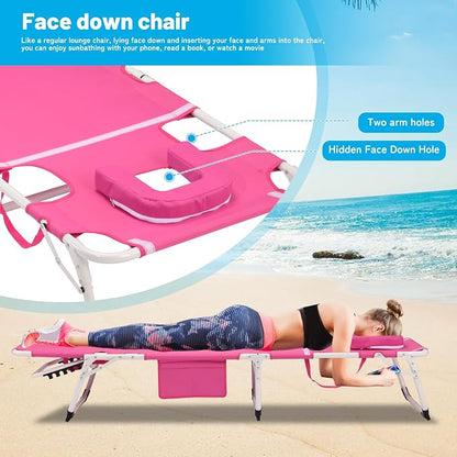 Outdoor Chaise Lounge with Detachable Pillow, Reclining Folding Chair with 5-Position Adjustable Back, Portable Tanning Chair For Beach, Pool, Lawn, Breathable Mesh Seat, No Assembly (Pink 2)
