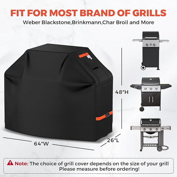 Grill Cover for Outdoor Grill 600D Heavy Duty 64Inch Waterproof,UV & Fade Resistant,BBQ Cover with Adjustable Straps,BBQ Grill Cover for Weber,Blackstone,Charbroil etc,Black