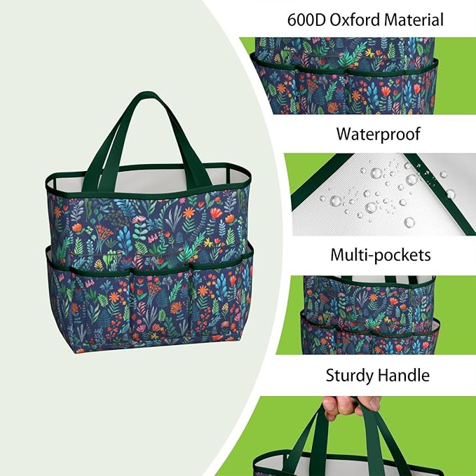 Daisy Flowers Garden Tool Bag - Waterproof Garden Tote with 8 Pockets, Large Storage Home Organizer Gardening Tool Oxford Bag for Garden Tools Kits Holder, Ideal Outdoor Gardening Gift for Women & Men