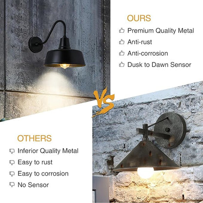 Barn Lights Outdoor Gooseneck Lighting, Dusk to Dawn Black Exterior Barn Lights for House, Farmhouse Wall Lighting Fixtures with Sensor for Porch Garage (2, 11" Diameter)
