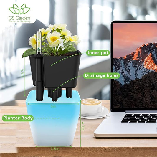 Self Watering Planters for Indoor Plants, 5.2 Inch 3 Pack Square Plastic Plant Pots with Water Level Indicator & Drainage System for African Violet Herbs Succulents - Gradient Blue